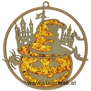 Fensterbild Suncatcher Bernstein - HALLOWEEN Kürbis mit Hut und Geisterschloß Ø 11cm